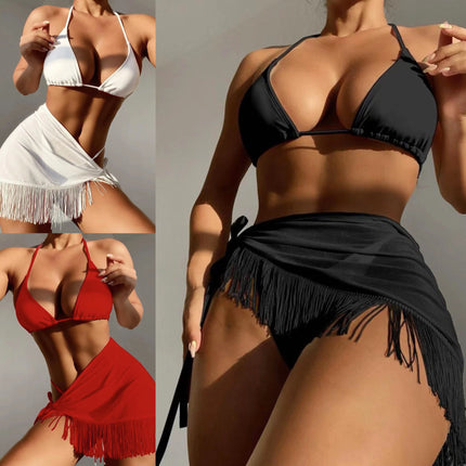 2023 New Tassel Skirt Solid Color Sexy Bikini Three-Piece Set Cross-Border