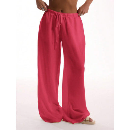 Cross-Border Bottoms Linen Texture Lace-Up Waist Pants Vacation Style Summer Bohemian Style Elegant