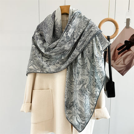 High-End Silk Wool Scarf for Women, Botanical Garden, Elegant and Warm Silk Wool Large Square Scarf, Air-Conditioned Room Warm Large Shawl