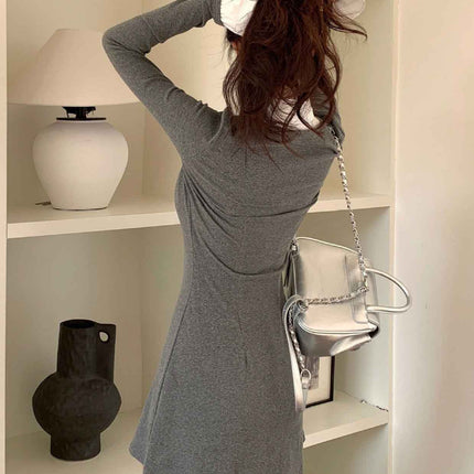College Style Simple Elegant Gray Fake Two-Piece Knitted Dress for Women Autum Sexy Slim Shirt Hip Skirt