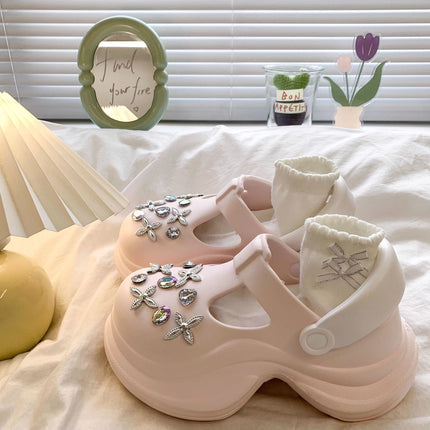 High-value All-match Casual Super-fire Rhinestone Women's Summer Hole Shoes Increased Soft Sole Non-slip Wear-resistant Baotou Deodorant