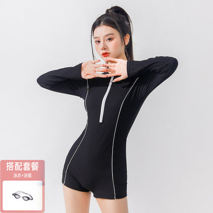 New Swimsuit for Women, One-Piece, Boxer, Conservative, Long-Sleeved, Belly-Covering, Slimming, Professional Sports Hot Spring Swimwear