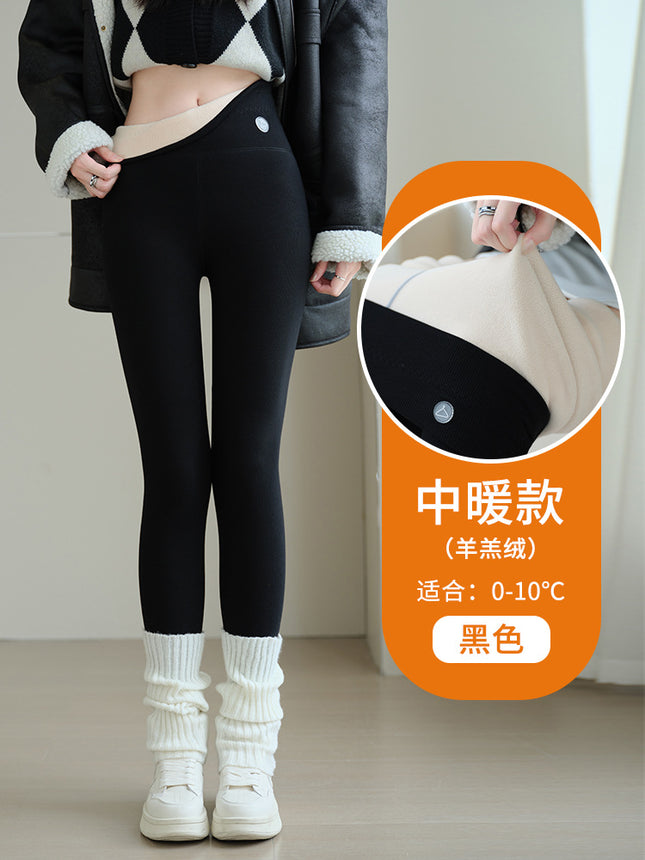 Lamb Wool Thermal Leggings for Women, Winter Fleece-Lined Thick High-Waisted Ribbed Slimming Stretchy Tight Cotton Pants