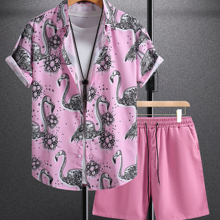 Men's Short-sleeved Shirt Shorts suit Powder Flamingo Foreign Trade Men's Casual Fashion Summer Summer 2025 New Arrival