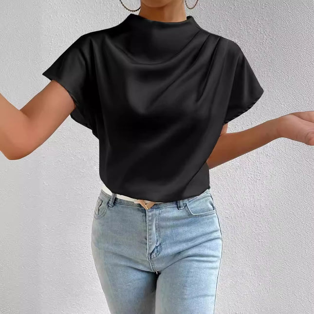 2026 Cross-Border Hot-Selling New Product Round Neck Short-Sleeve Left Shoulder Ruched T-Shirt Satin Women's Top Wholesale in Stock
