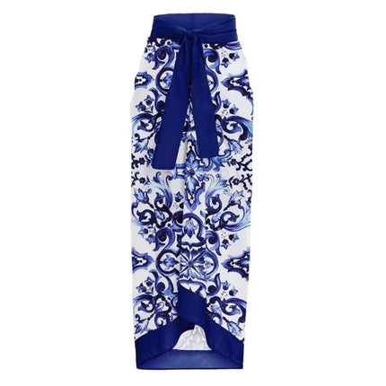 2024 European and American one-piece bikini two-piece Amazon blue and white porcelain printed retro beach resort hot spring swimsuit