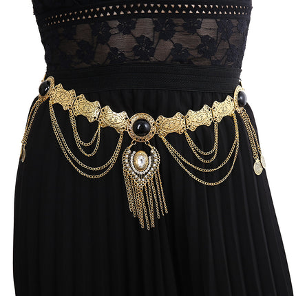 New Cross-Border Ethnic Style Turquoise Metal Waist Chain European and American Retro Tassel Coin Waist Decoration Beach Body Chain