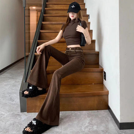 Trendy fashionable all-match high waist slimming chain flared pants cross-border women's autumn new casual mopping horseshoe pants