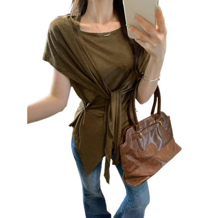 Petite Lazy Linen Cotton Shawl Set for Women Summer 2025 New Waist-Slimming Asymmetrical Short Sleeve Top Two-Piece Set