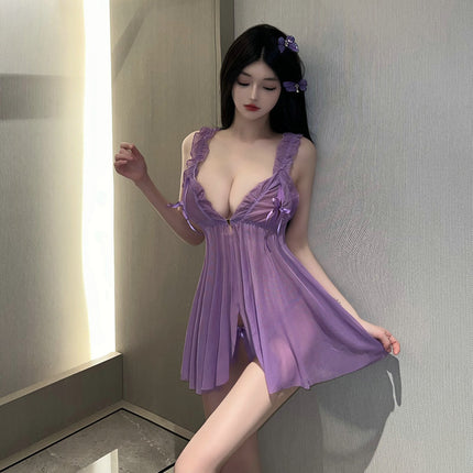 Internet Celebrant Sexy Pajamas Transparent Mesh Open Chest Sling Nightgown Summer Thin Pure Desire Bed Flirting Nightgown for Couples