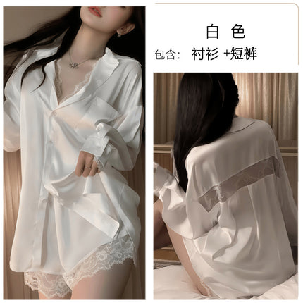 Sexy Pajamas Women's Spring and Summer Ice Silk Boyfriend Style Shirt Shorts Temptation Lace Mid-Length Home 346 Set