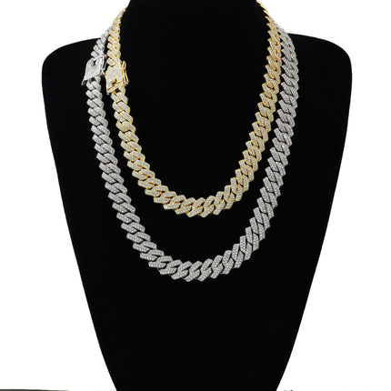 Cross-Border Jewelry 14mm Diamond-Shaped Cuban Chain Wide European and American Hip-Hop Full Diamond Double-Row Diamond Necklace Accessories Necklace