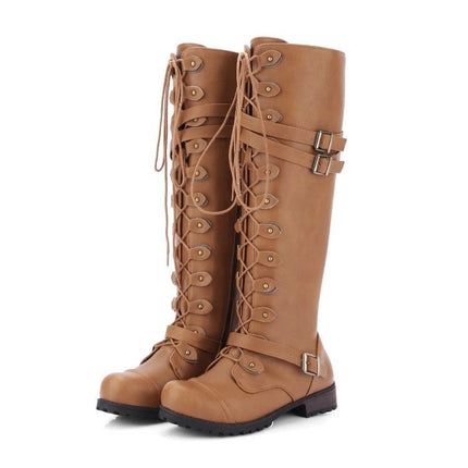 European and American Foreign Trade Leather Boots Round Head Belt Buckle Flat Boots Women's Autumn and Winter New Rivet Lace-up High Knights Boots
