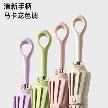 Solid color fresh 16-bone long handle umbrella double large rain-resistant straight rod umbrella High-looking ring handle long handle umbrella