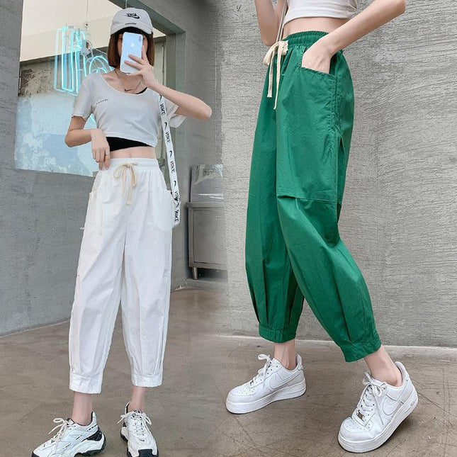 Loose Workwear Harem Pants Women's Spring New Style Leggings Nine-point Pants ins Green Bloomers Wide-leg Casual Pants