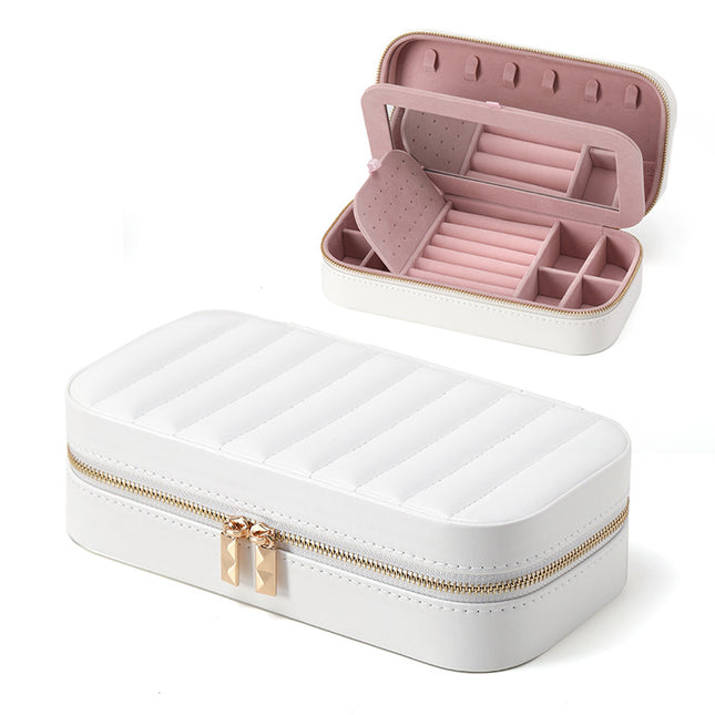 Striped Metal Zipper Jewelry Box with Mirror Jewelry Ring Necklace Storage Box Multifunctional Portable Jewelry Box