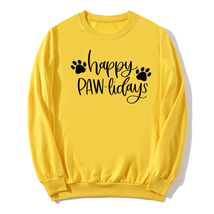 in stock Foreign Trade Cross-border Dog Feet Happy Pawlidays Printed Crewneck Sweat European and American Autumn and Winter Men's and Women's Top