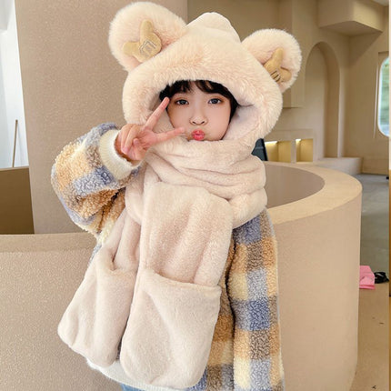 Winter Warm Plush Bear Hat, Scarf, Gloves, Hat, One-Piece Fleece-Lined and Thickeneded Three-Piece Set, Cute and Versatile Scarf