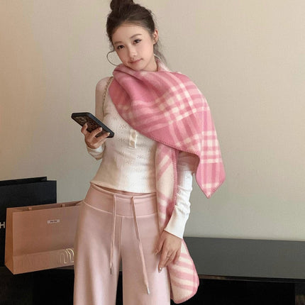 Korean Style Fashionable Pink Plaid Imitation Cashmere Scarf for Women Autumn and Winter 2025 New Style Warm Elegant Versatile Scarf Trend