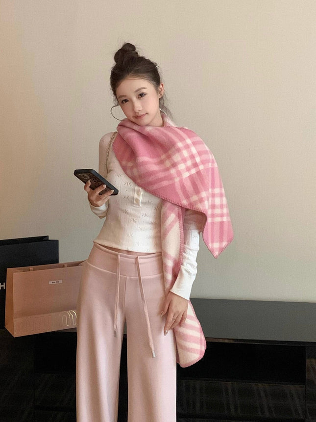 Korean Style Fashionable Pink Plaid Imitation Cashmere Scarf for Women Autumn and Winter 2025 New Style Warm Elegant Versatile Scarf Trend