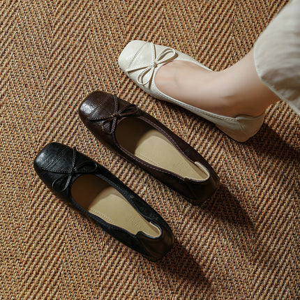 Retro Soft Goatskin Bow Round-Toe Flats for Women, Spring & Fall Bean Shoes, Ballet Thick Heels, Medium Heels, Soft-Soled Granny Shoes