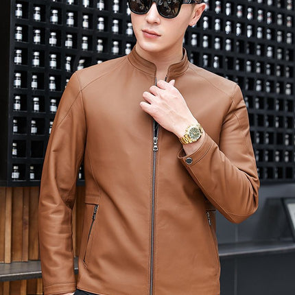 Haining Leather Jacket Spring and Autumn New Thin Genuine Leather Jacket for Middle-aged Men's Mat-gloss Style Collar Casual Leather Jacket