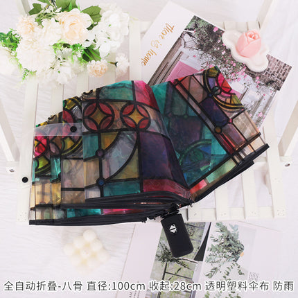 Fully Automatic Folding Plastic Transparent Cherry Blossom Umbrella for Women, Long Handle Apollo Style, Fresh and Simple, for Children, Students, Performances, Wholesale