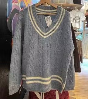 Brandy Knitted Sweater Women's Fresh Casual Versatile Fashionable V-Neck Cotton Elegant Cable Age-Reducing Long Sleeves