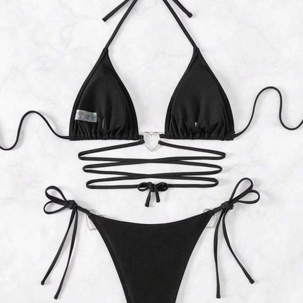 European and American New Style Split Sexy Bikini Bikini Swimsuit Swimwear Women's Solid Color Tape Love Two-piece Cross-border Set