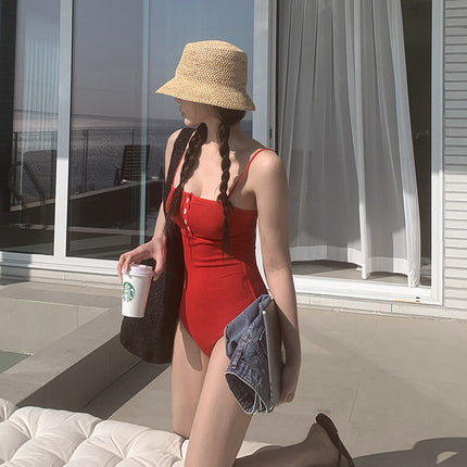 New Swimwear Women's Simple Women's Sense Flesh-Covering Slimming Pure Desire Wind-Soaking Hot Spring Fashionable Solid Color Sling Vacation Swimwear