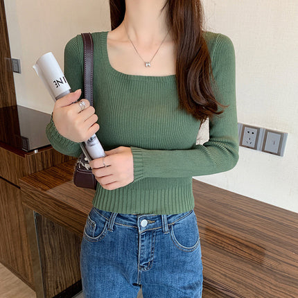 Square Neck Sweater Women's Spring and Autumn Thin Small Super A Figure High Waist Short Outer Knitted Top