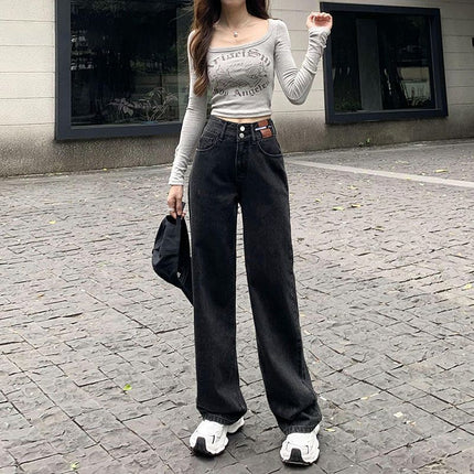 2025 Two-Button Drapey Floor-Length Pants Korean Style Petite Wide-Leg Pants High-Waisted Jeans Retro Vintage Women's