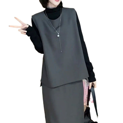 Upgraded Wearable Vest Top Skirt Three-Piece Set plus size Cover Flesh Slim suit 2024 Autumn
