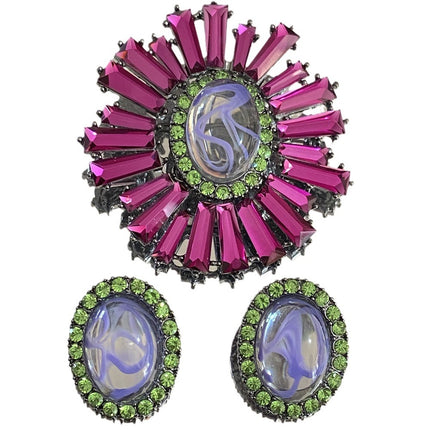 French Retro Exaggerated Brooch Middle Ancient Luxury High-end Sense Elegant Purple Sunflower Brooch Earrings suit Women