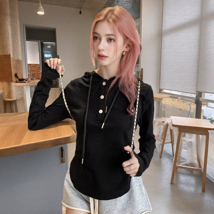 Cross-Border 2025 New Sweet Style Hooded Long-Sleeved T-Shirt Spring & Fall Slimming Age-Reducing Elegant Top Factory Direct Sales Model
