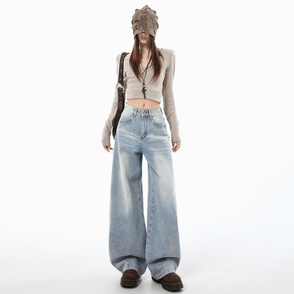 Light Blue Women's Jeans Autumn New American Design Loose Slimming Drapey Lazy Floor-Length Wide-Leg Pants