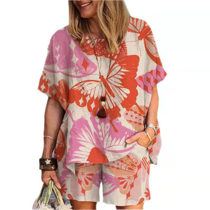 Amazon Cross-border Spring and Summer plus size Loose chubby girl Elegant Casual Western Style Age-reducing Printed Short-sleeved Sports suit
