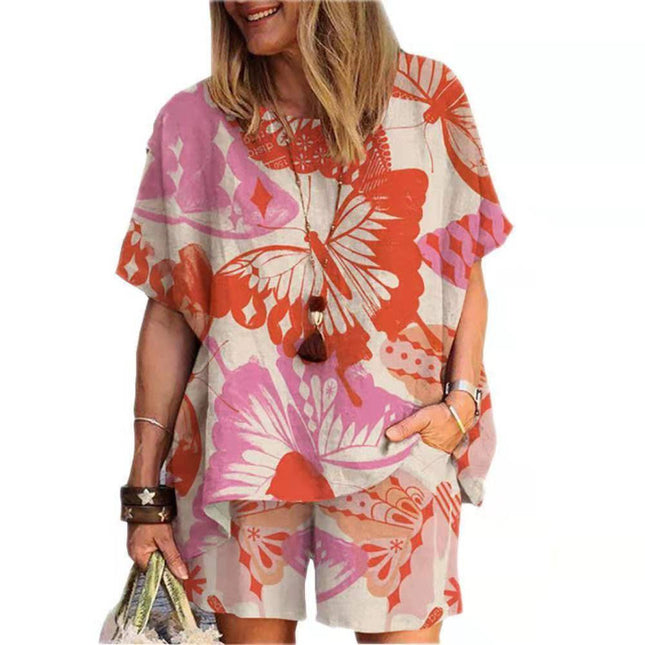 Amazon Cross-border Spring and Summer plus size Loose chubby girl Elegant Casual Western Style Age-reducing Printed Short-sleeved Sports suit