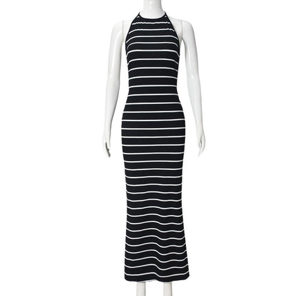 French-Style Cross-Border New Long Dress with Stripes, Halter Neck, Backless, Tie-Up, Sexy, Date-Friendly, Slim-Fitting Dress with an Elegant Style