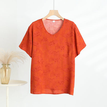 Retro Style Cotton Short-sleeved Women's Middle-aged and Elderly Mother's Vest Printed Outer Wear Base-layer Shirt All-match Artificial Cotton Top