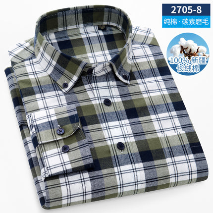 Men's Long-Sleeved Pure Cotton Brushed Plaid Casual Shirts Trendy Fashion Casual Shirts Wholesale
