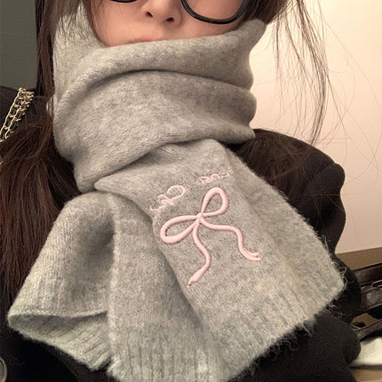 Japanese Style Cute Bow Scarf Winter Women's New Style Atmosphere Cold-proof Warm Neck Knitted Scarf Embroidery