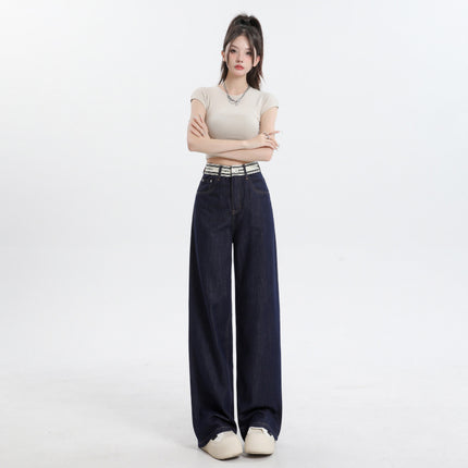 8827 dark blue Ice Silk Straight-Leg Jeans Women's Summer Thin Stitching Letter Waist Drape Wide Leg Trousers