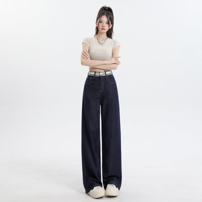8827 dark blue Ice Silk Straight-Leg Jeans Women's Summer Thin Stitching Letter Waist Drape Wide Leg Trousers