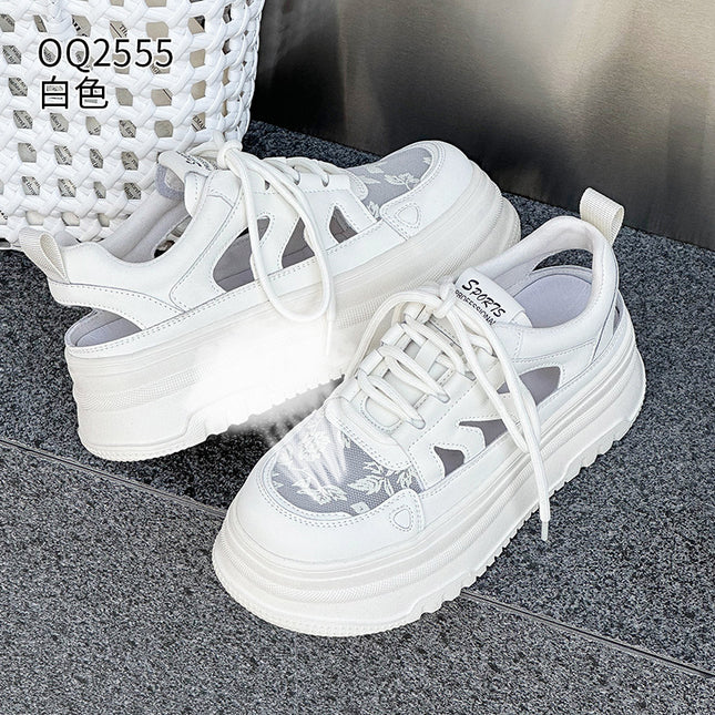 Genuine Leather Lace Mesh White Sneakers 2026 Summer New Thick-Soled Hollow-Out Versatile Trendy Sports Casual Sneakers for Women