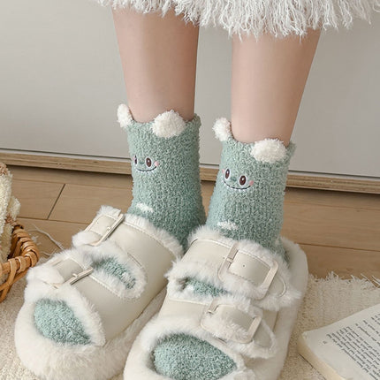 Coral Fleece Socks for Women, Mid-Calf, Winter Warm Thickened Maternity Socks, Three-Dimensional Plush Cartoon Home Floor Socks