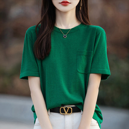 24 New Summer ShorT-sleeved T-shirT Women's Round Neck Pullover Simple Half-sleeved T-shirT Fine ImiTaTion Wool KniTTed Top Loose