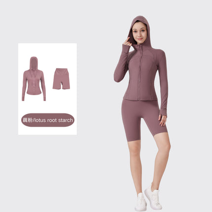 [in Stock] Ld Five-Piece Hooded Yoga Suit for Women, Fitness Yoga Set, High-Waisted, Barely-There Feel, Tight-Fitting Sportswear