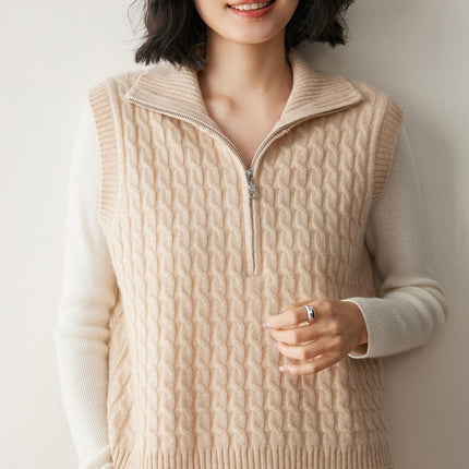 Full-Body Cable Knit Solid Color Women's Cashmere Knitted Vest Half-Open High-Neck Sleeveless Sweater Outerwear Layered Waistcoat