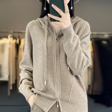 Wool Blend 2026 Autumn and Winter New Women's Hooded Sweatshirt Loose Plus-Size Short Knitted Hoodie Base Layer Cardigan
